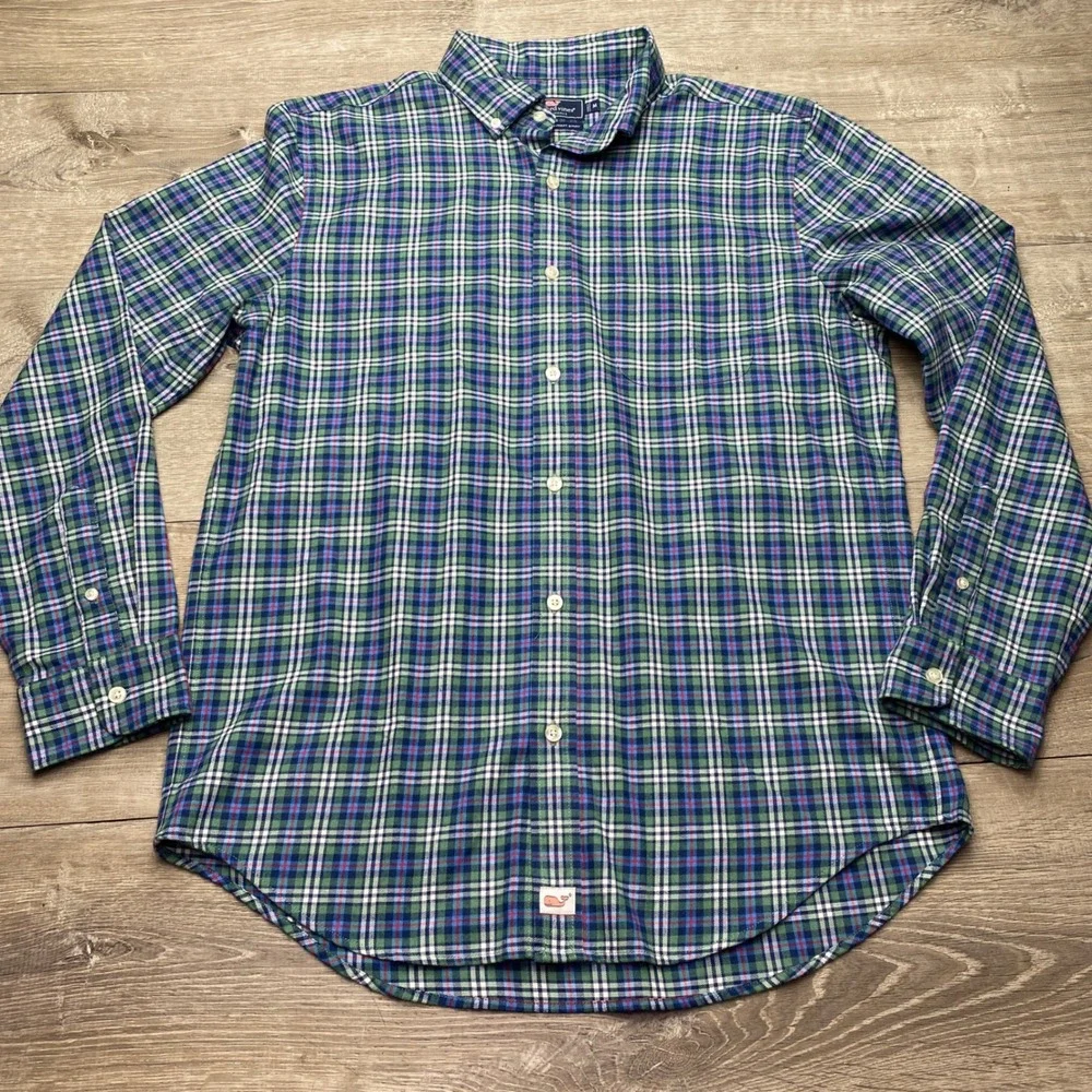 Vineyard Vines Shirt Murray Classic Fit Mens M Green Blue Plaid Performance Poly